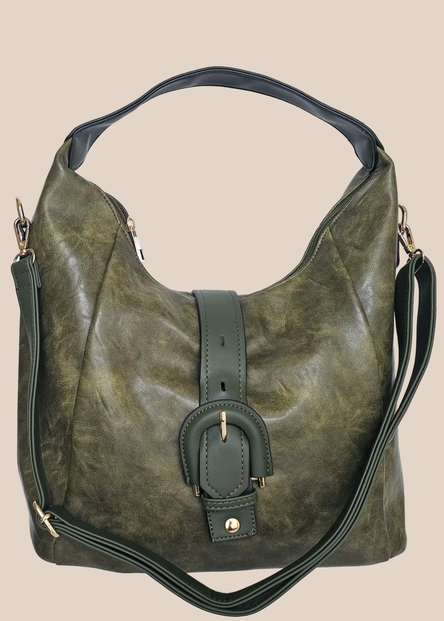 Green leather handbag with a buckle detail front view