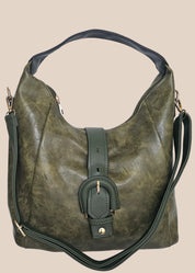 Green leather handbag with a buckle detail front view