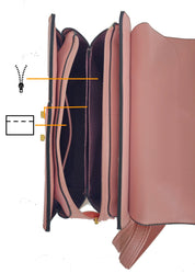 Pink and red handbag with a gold clasp top view