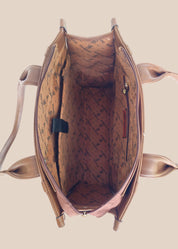 Brown leather tote bag with 'GORGEOUS' branding from doodluxe inside view