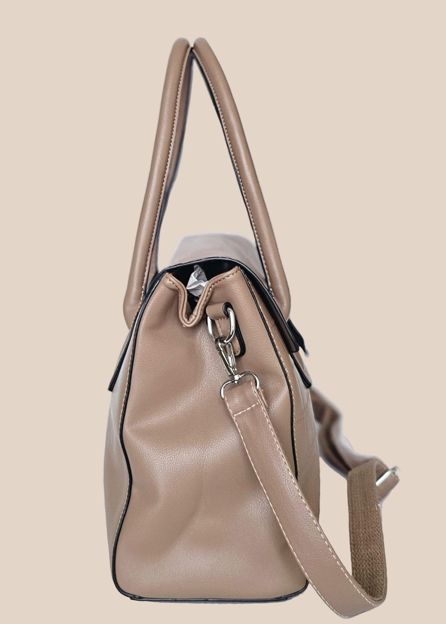 Beige PU ladies' handbag with flap side view
