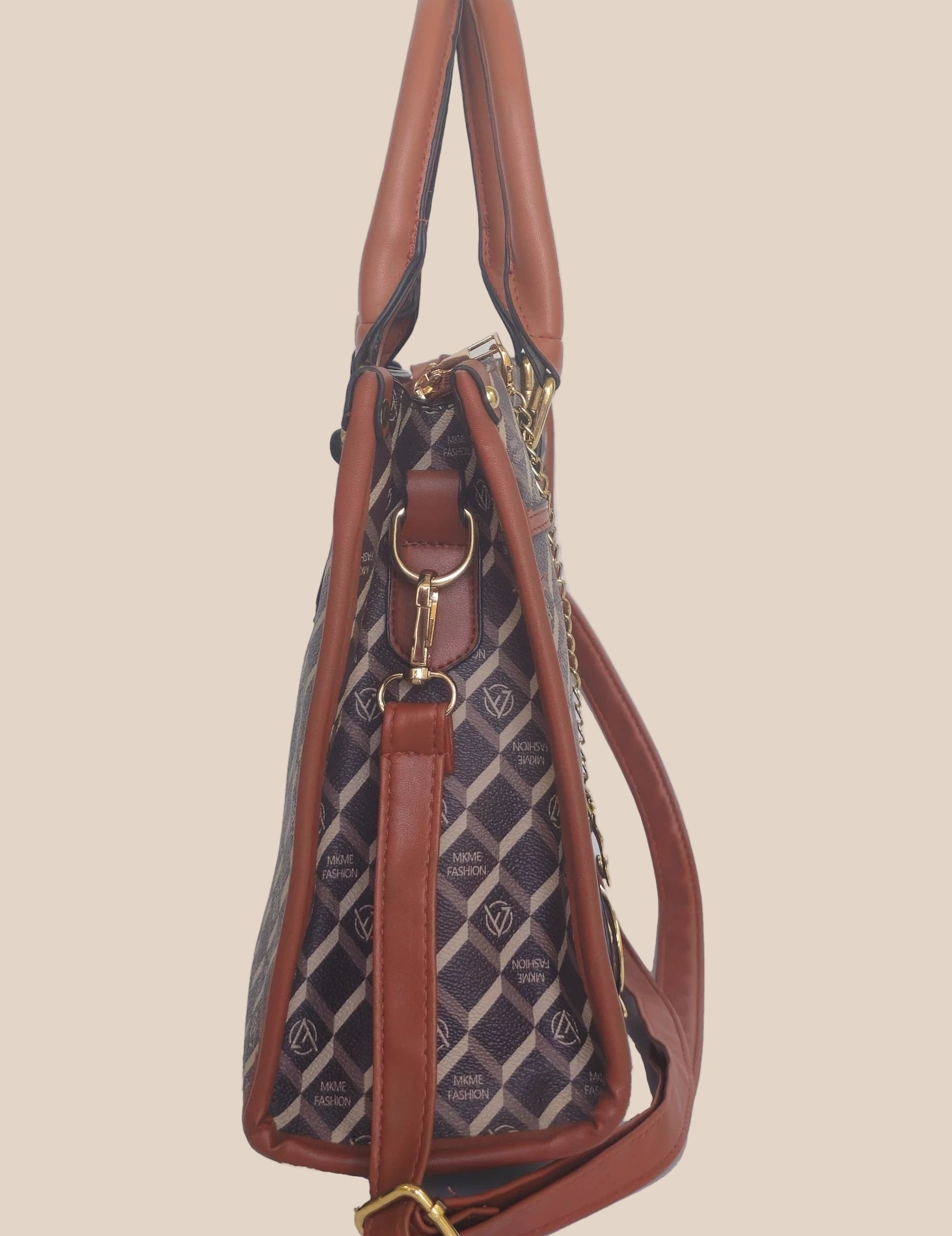 Patterned handbag with brown accents side view
