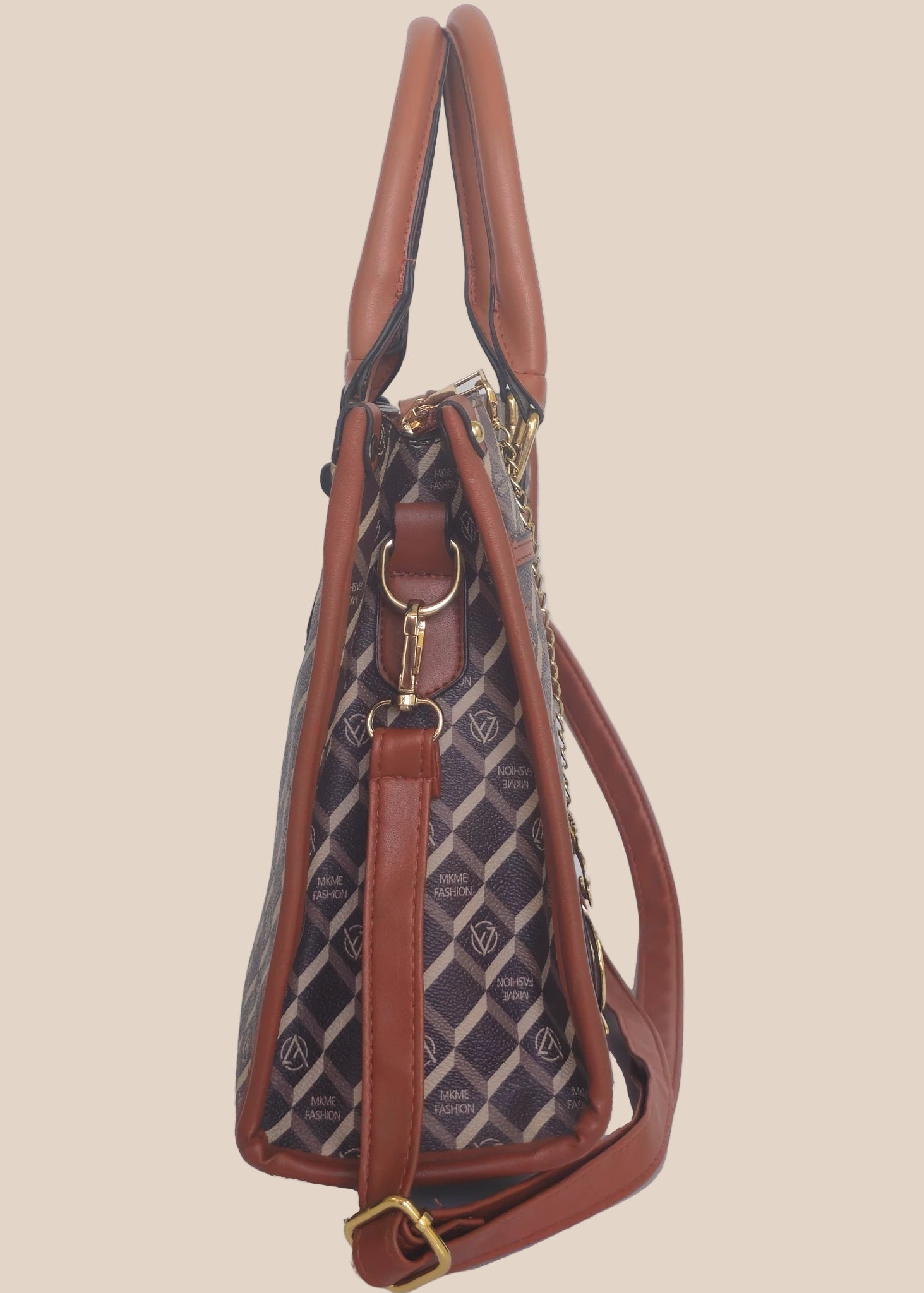 Patterned handbag with brown accents side view