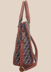 Patterned handbag with brown accents side view