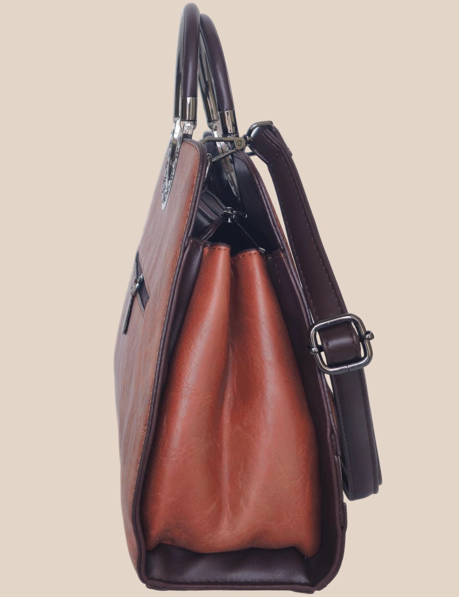 Dark mouve party handbag with floral embossing, side view