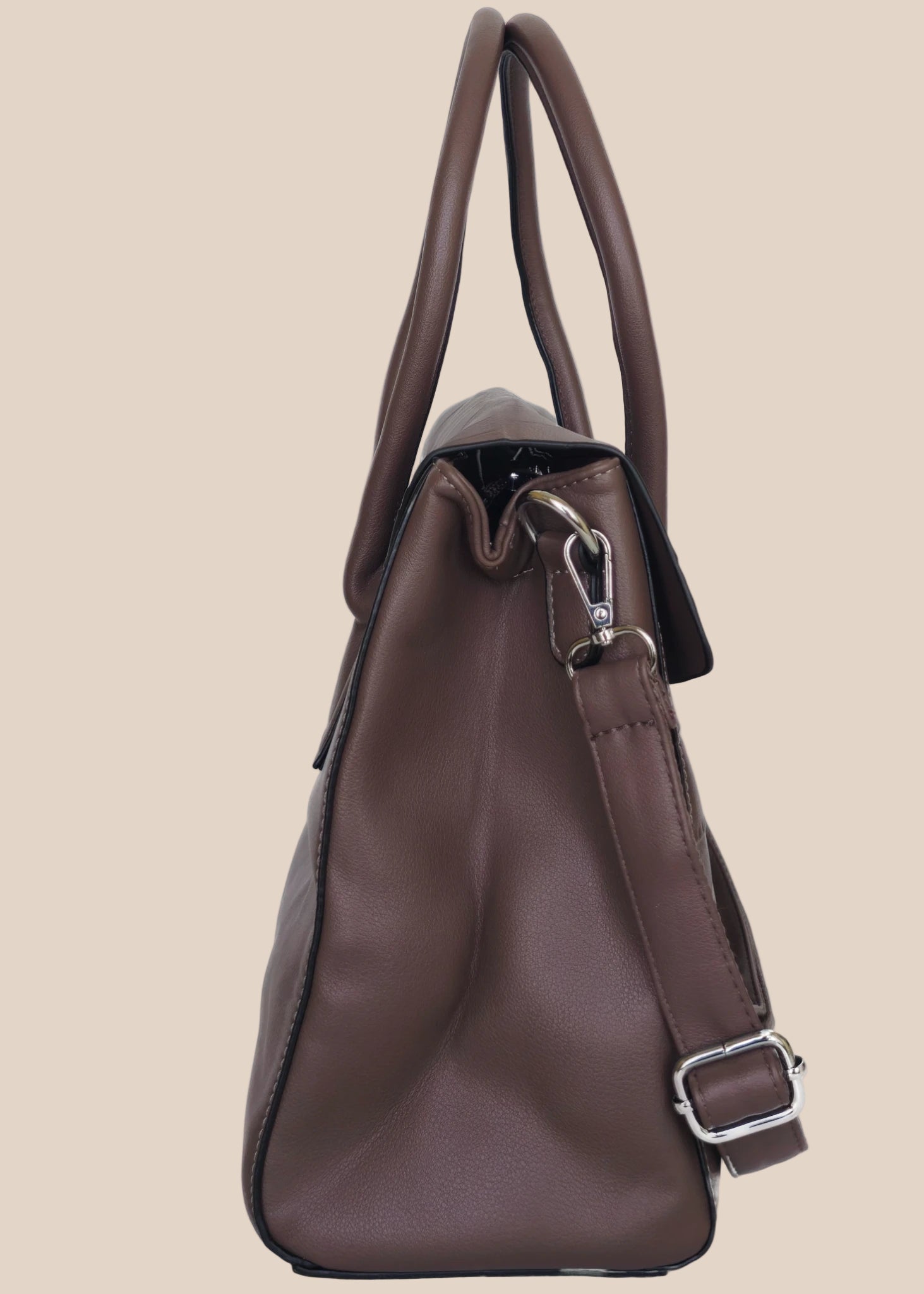 Brown crocodile-patterned ladies' handbag with a shoulder strap side