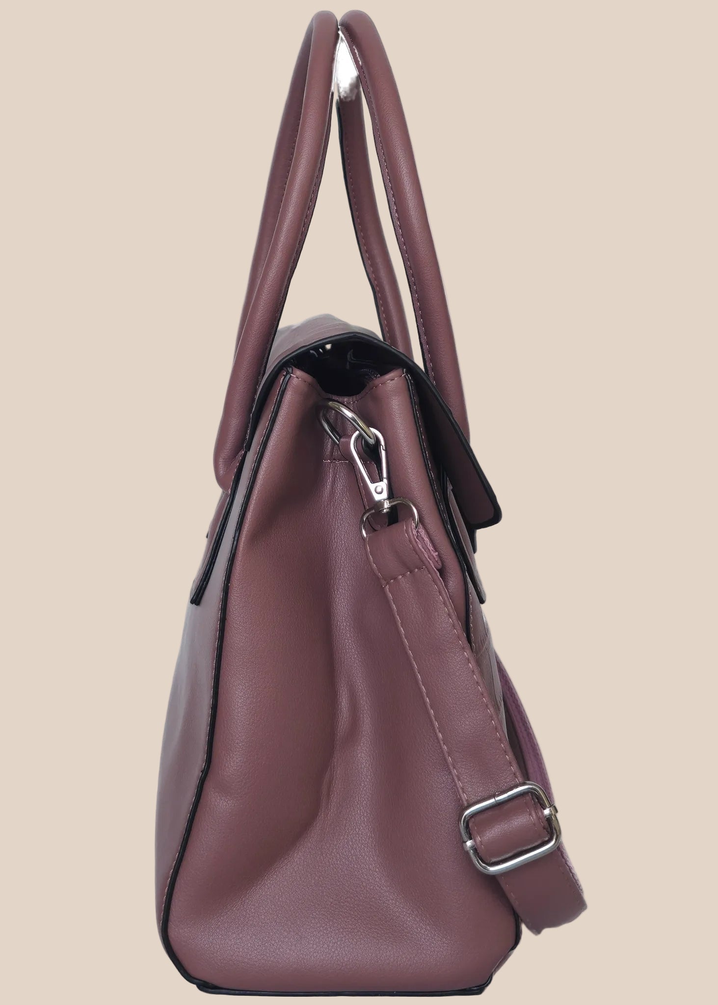 Purple PU ladies' handbag with flap side view