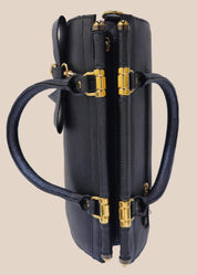 Blue handbag with gold accents, top view